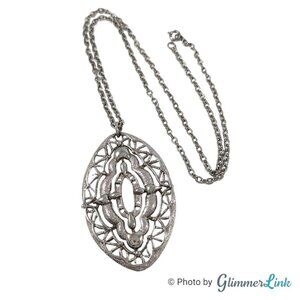 Vintage JJ Jonette Jewelry Oval Ornate Filigree Silver Tone Pendant Necklace
